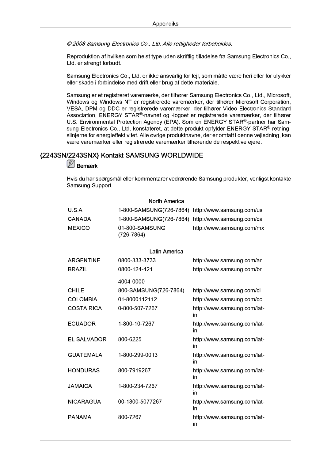 Samsung LS19MYYKBB/EDC, LS20MYYKBB/EDC, LS22MYYKBB/EDC manual 2243SN/2243SNX Kontakt Samsung Worldwide 