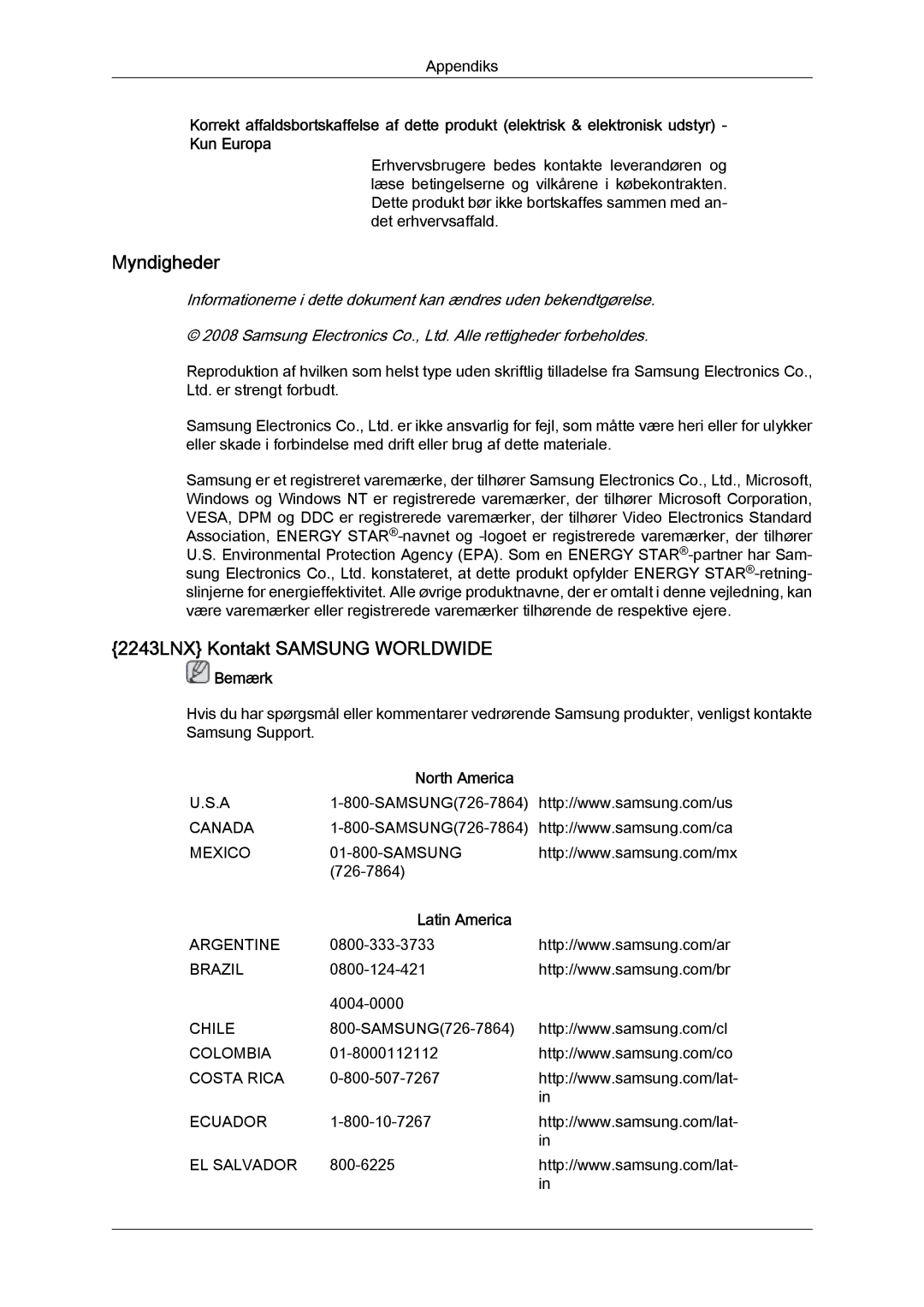 Samsung LS20MYYKBB/EDC, LS22MYYKBB/EDC, LS19MYYKBB/EDC manual Myndigheder, 2243LNX Kontakt Samsung Worldwide 