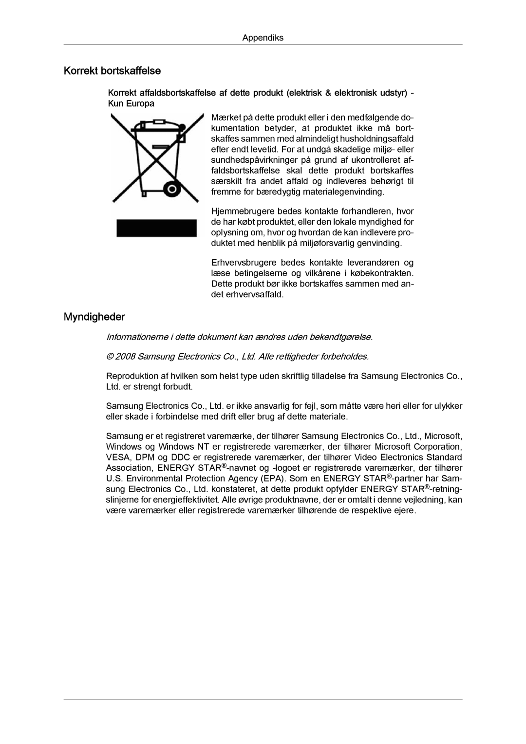 Samsung LS22MYYKBB/EDC, LS20MYYKBB/EDC, LS19MYYKBB/EDC manual Korrekt bortskaffelse 