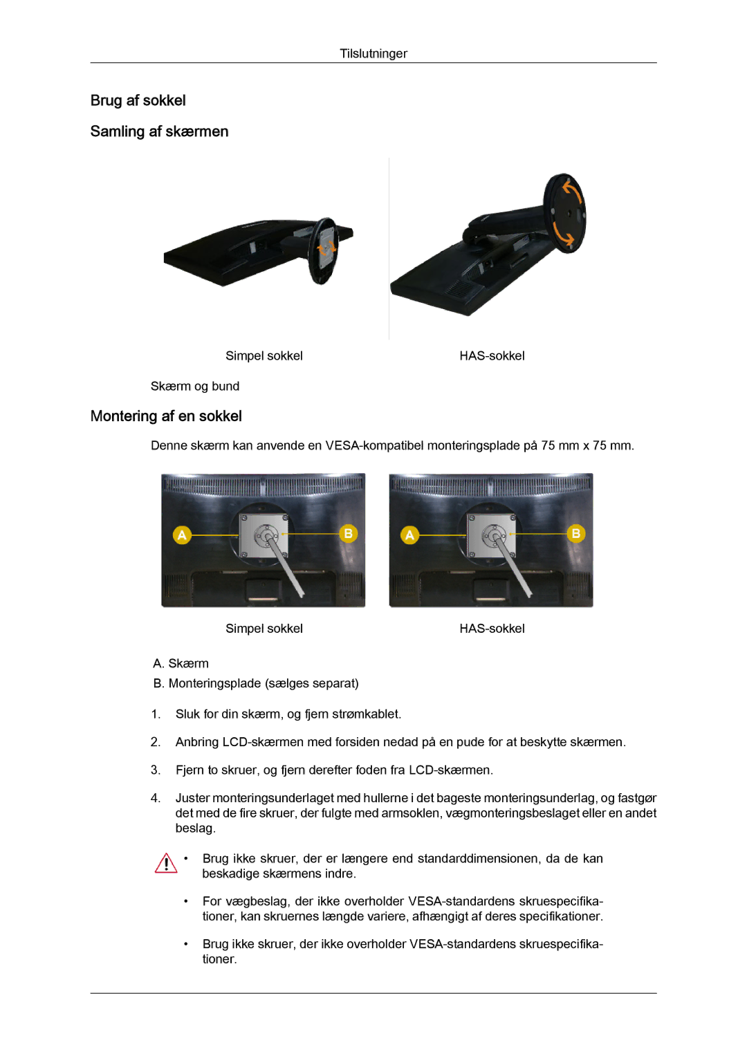 Samsung LS19MYYKBB/EDC, LS20MYYKBB/EDC, LS22MYYKBB/EDC manual Brug af sokkel Samling af skærmen, Montering af en sokkel 