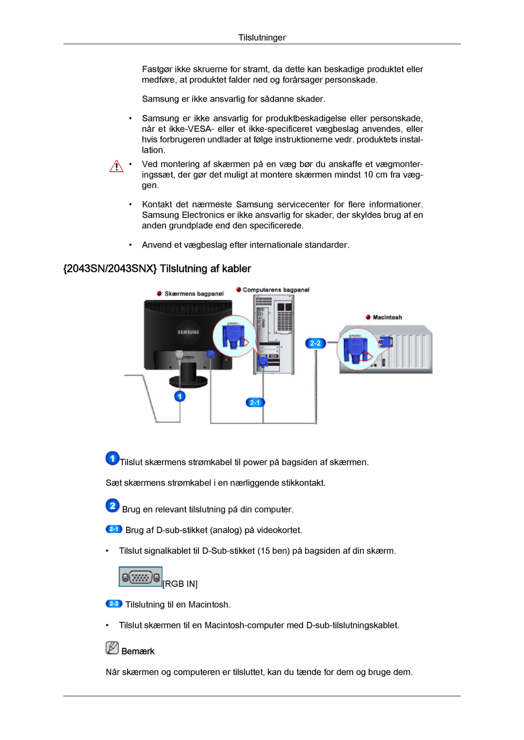 Samsung LS20MYYKBB/EDC, LS22MYYKBB/EDC, LS19MYYKBB/EDC manual 2043SN/2043SNX Tilslutning af kabler 