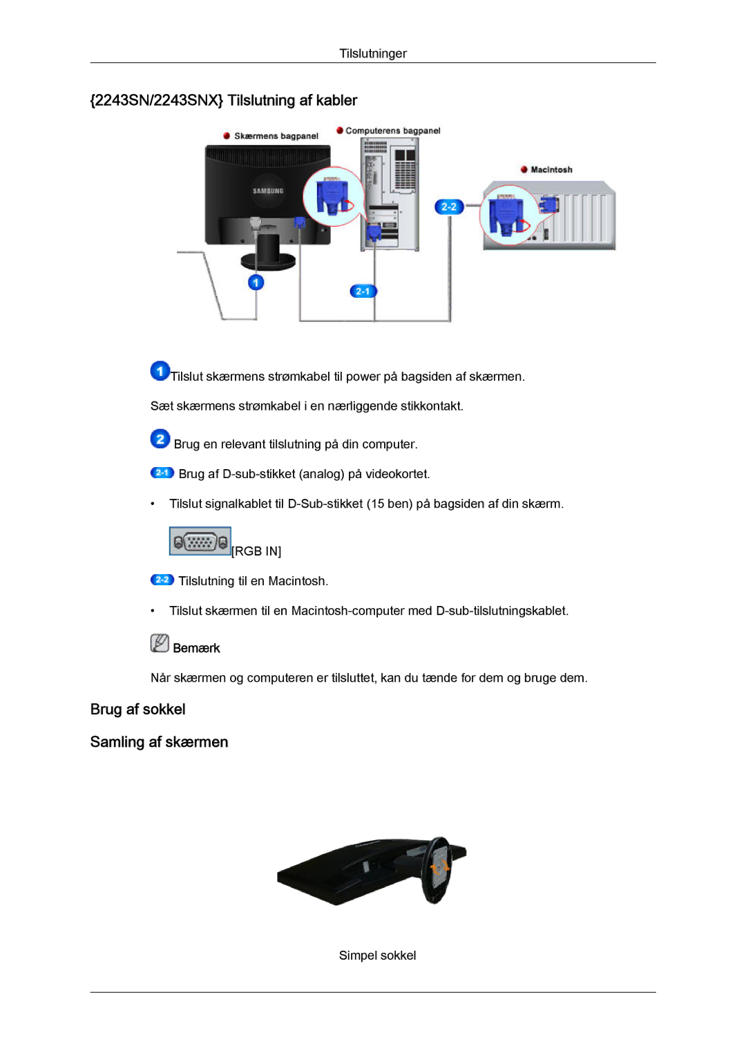 Samsung LS20MYYKBB/EDC, LS22MYYKBB/EDC, LS19MYYKBB/EDC manual 2243SN/2243SNX Tilslutning af kabler 