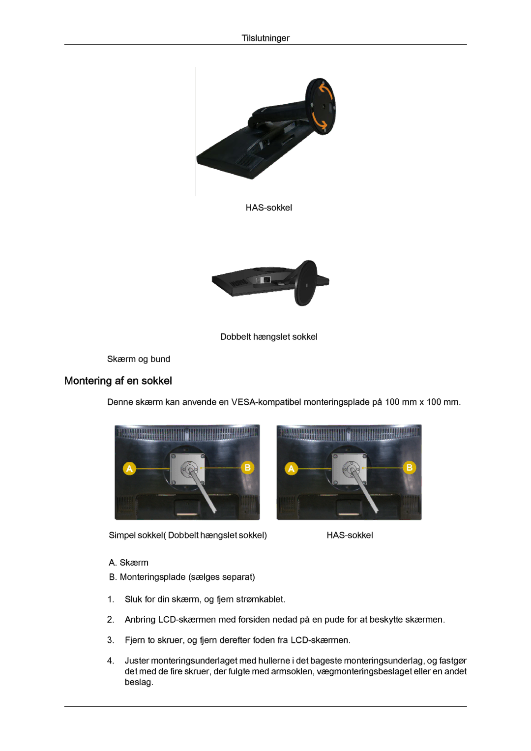 Samsung LS22MYYKBB/EDC, LS20MYYKBB/EDC, LS19MYYKBB/EDC manual Montering af en sokkel 