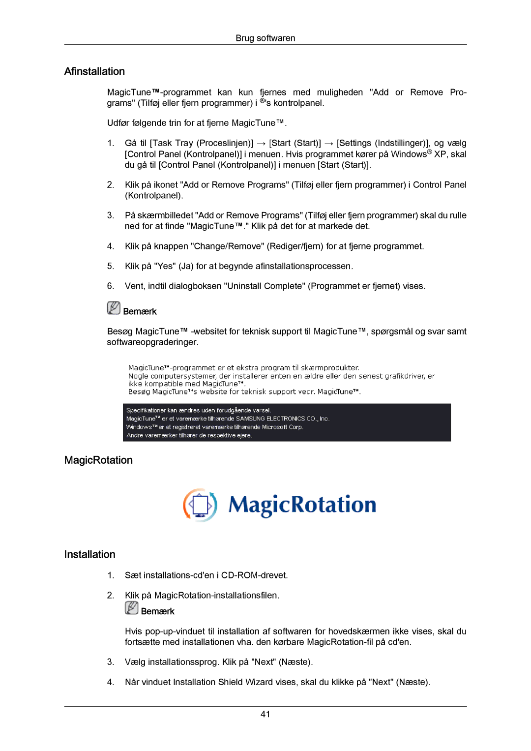 Samsung LS22MYYKBB/EDC, LS20MYYKBB/EDC, LS19MYYKBB/EDC manual Afinstallation, MagicRotation Installation 