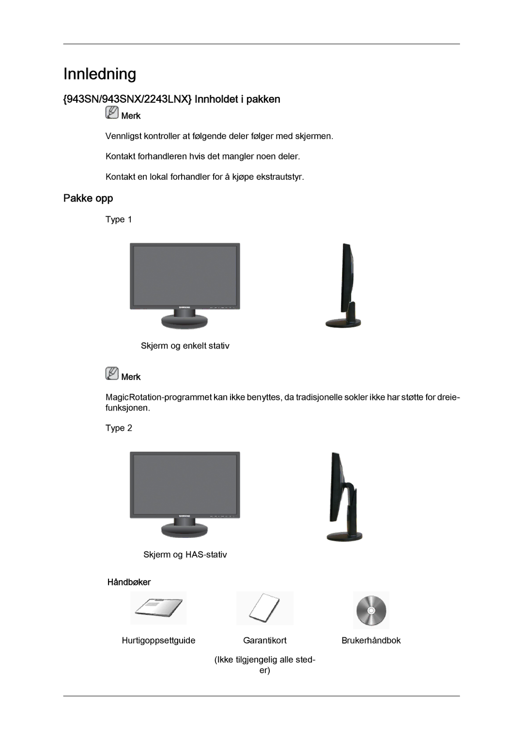 Samsung LS22MYYKBB/EDC, LS20MYYKBB/EDC, LS19MYYKBB/EDC manual 943SN/943SNX/2243LNX Innholdet i pakken, Pakke opp 