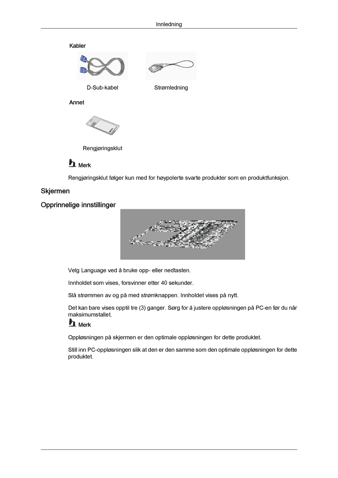 Samsung LS19MYYKBB/EDC, LS20MYYKBB/EDC, LS22MYYKBB/EDC manual Skjermen Opprinnelige innstillinger 