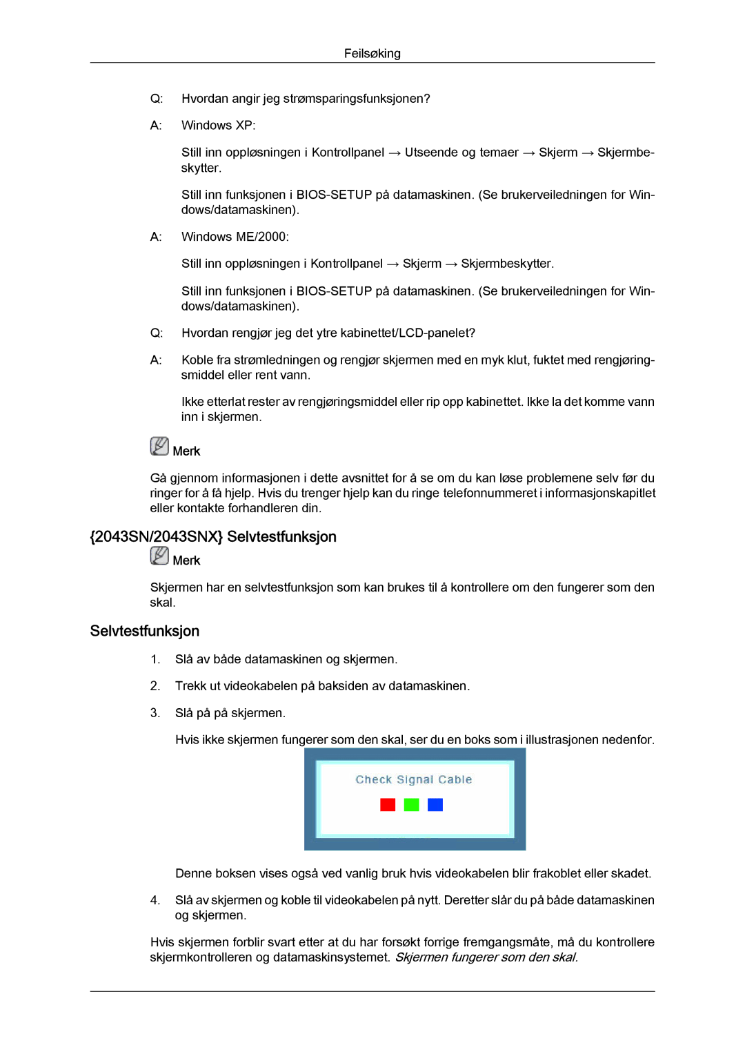 Samsung LS20MYYKBB/EDC, LS22MYYKBB/EDC, LS19MYYKBB/EDC manual 2043SN/2043SNX Selvtestfunksjon 