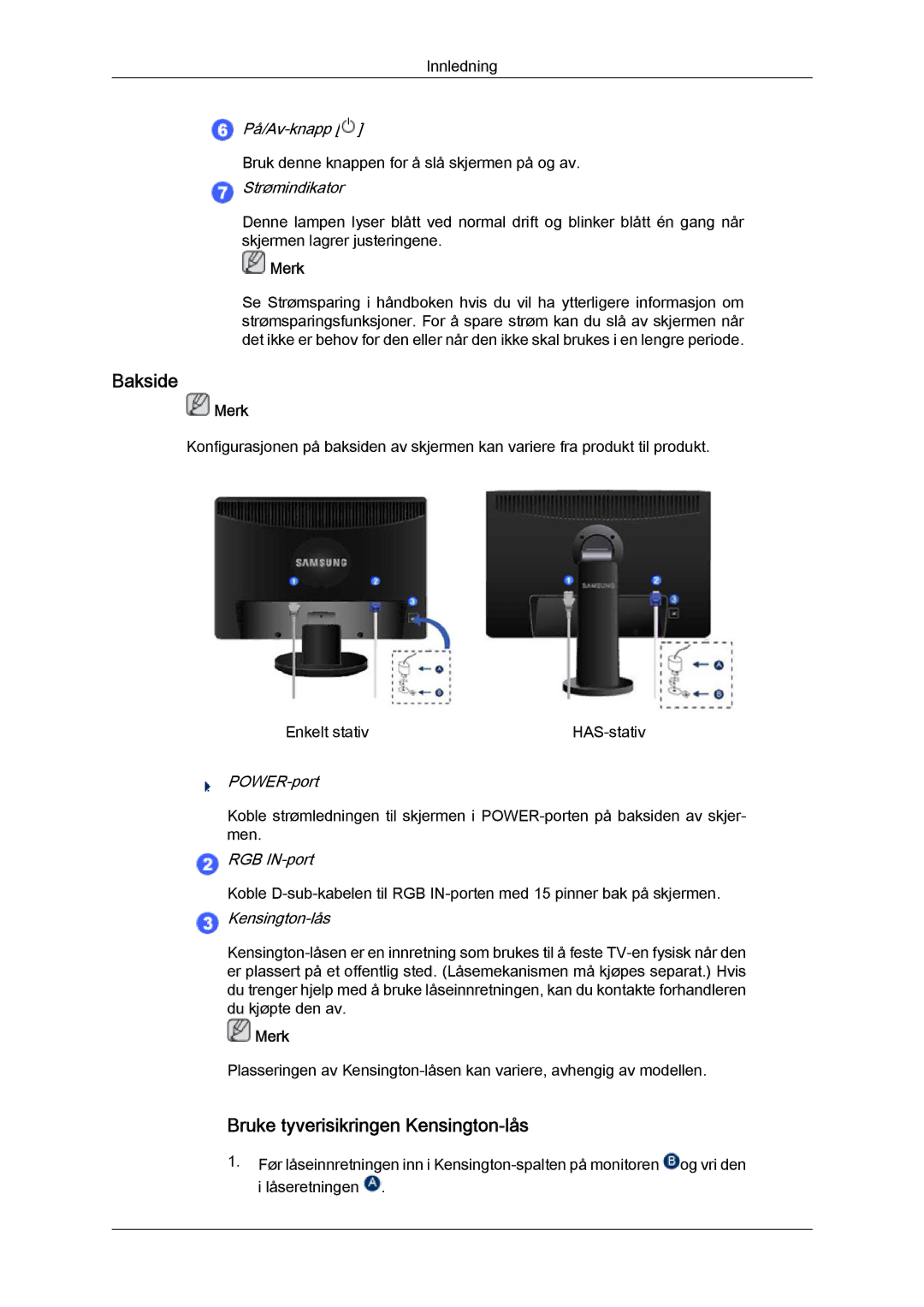 Samsung LS22MYYKBB/EDC, LS20MYYKBB/EDC, LS19MYYKBB/EDC manual Bakside, Bruke tyverisikringen Kensington-lås 