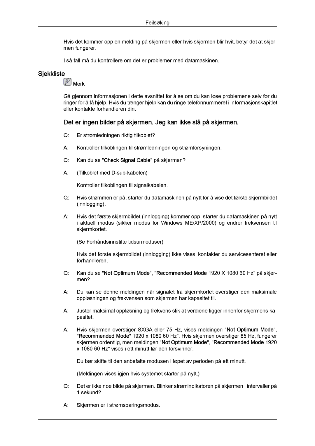 Samsung LS22MYYKBB/EDC, LS20MYYKBB/EDC, LS19MYYKBB/EDC manual Sjekkliste 