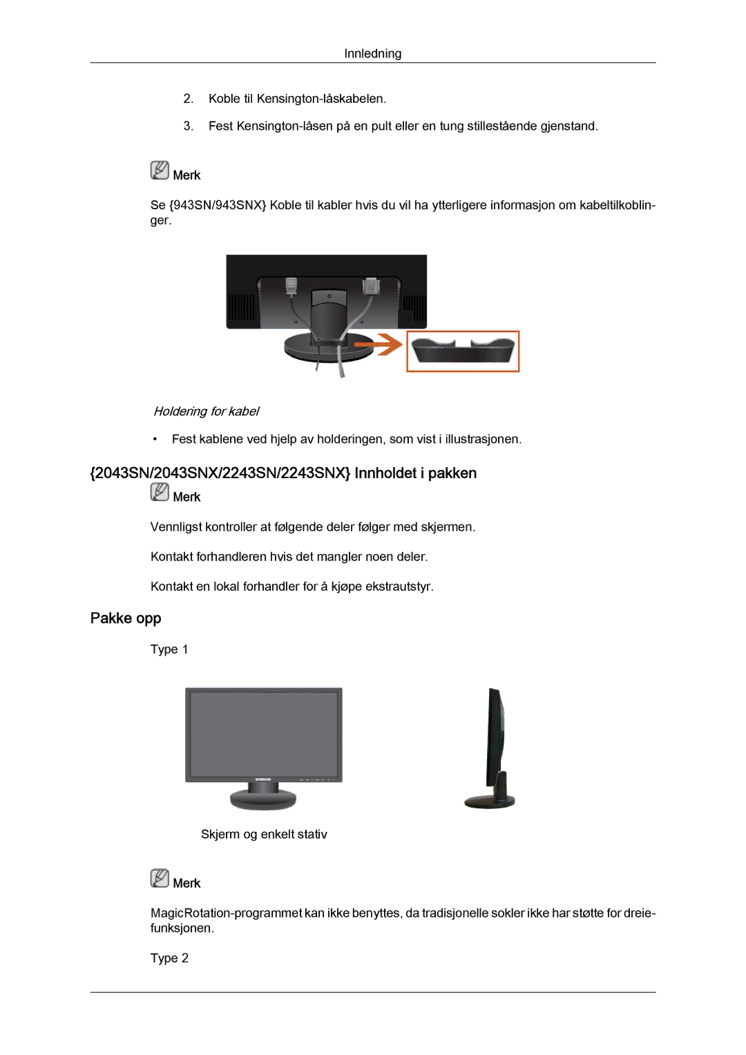 Samsung LS19MYYKBB/EDC, LS20MYYKBB/EDC, LS22MYYKBB/EDC manual 2043SN/2043SNX/2243SN/2243SNX Innholdet i pakken, Pakke opp 