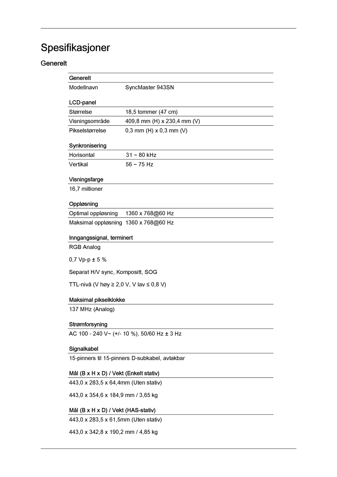 Samsung LS19MYYKBB/EDC, LS20MYYKBB/EDC, LS22MYYKBB/EDC manual Spesifikasjoner, Generelt 