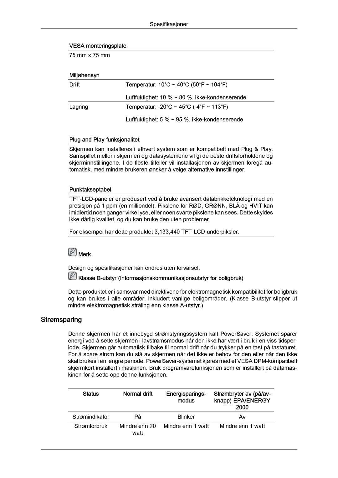 Samsung LS20MYYKBB/EDC, LS22MYYKBB/EDC, LS19MYYKBB/EDC manual Strømsparing, Miljøhensyn 