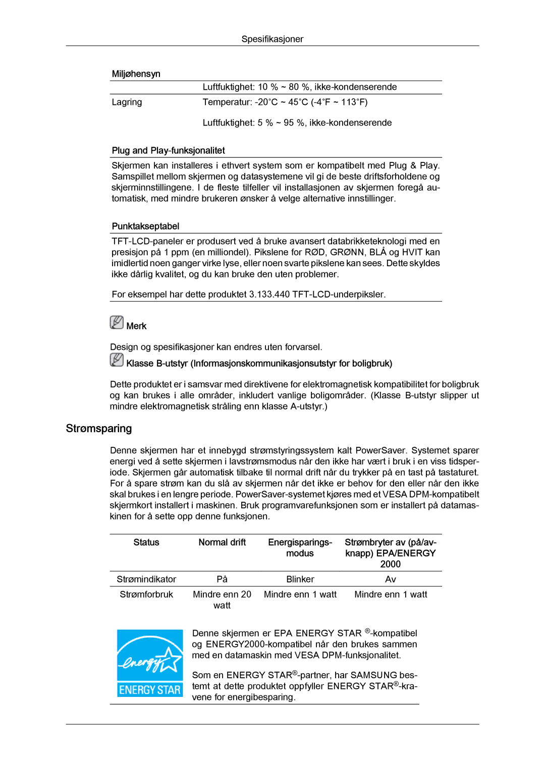 Samsung LS20MYYKBB/EDC, LS22MYYKBB/EDC, LS19MYYKBB/EDC manual Strømsparing 