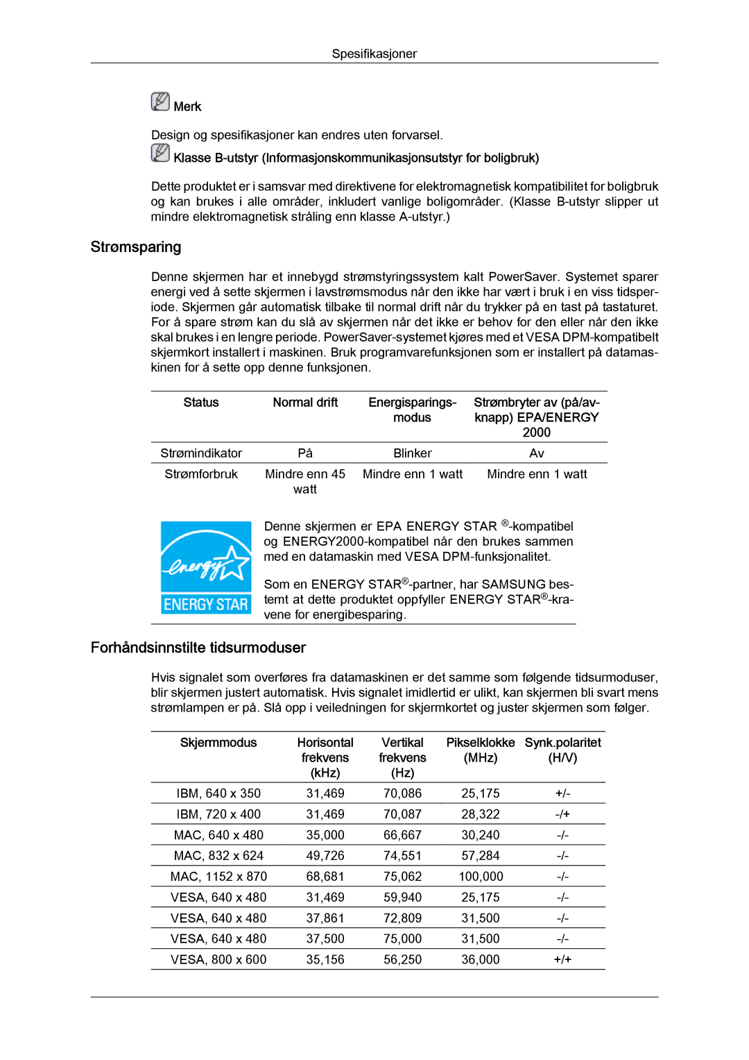 Samsung LS22MYYKBB/EDC, LS20MYYKBB/EDC, LS19MYYKBB/EDC manual Strømsparing 