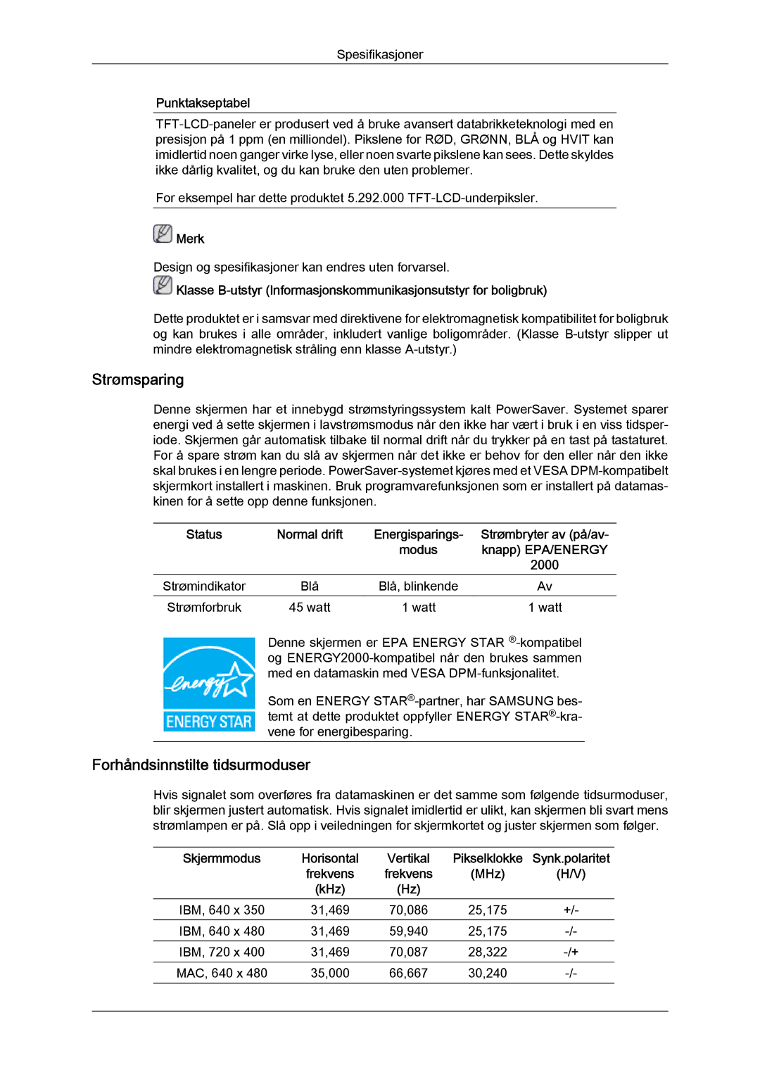 Samsung LS22MYYKBB/EDC, LS20MYYKBB/EDC, LS19MYYKBB/EDC manual Strømsparing 