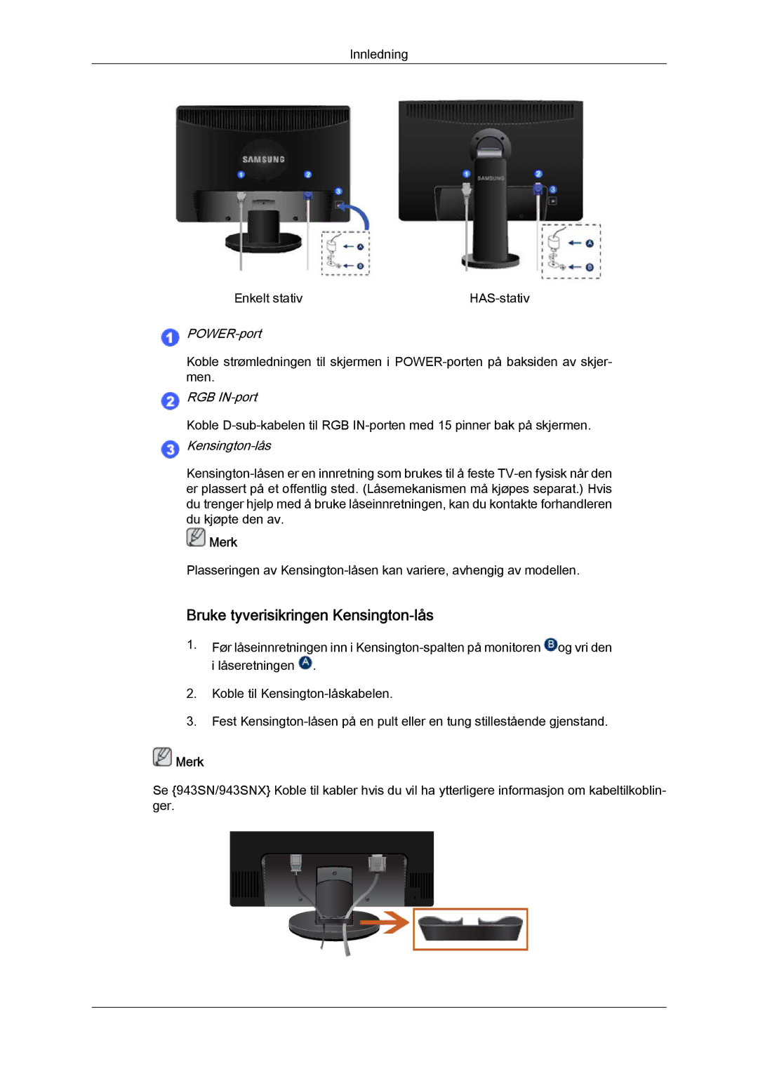 Samsung LS20MYYKBB/EDC, LS22MYYKBB/EDC, LS19MYYKBB/EDC manual Innledning Enkelt stativ HAS-stativ 