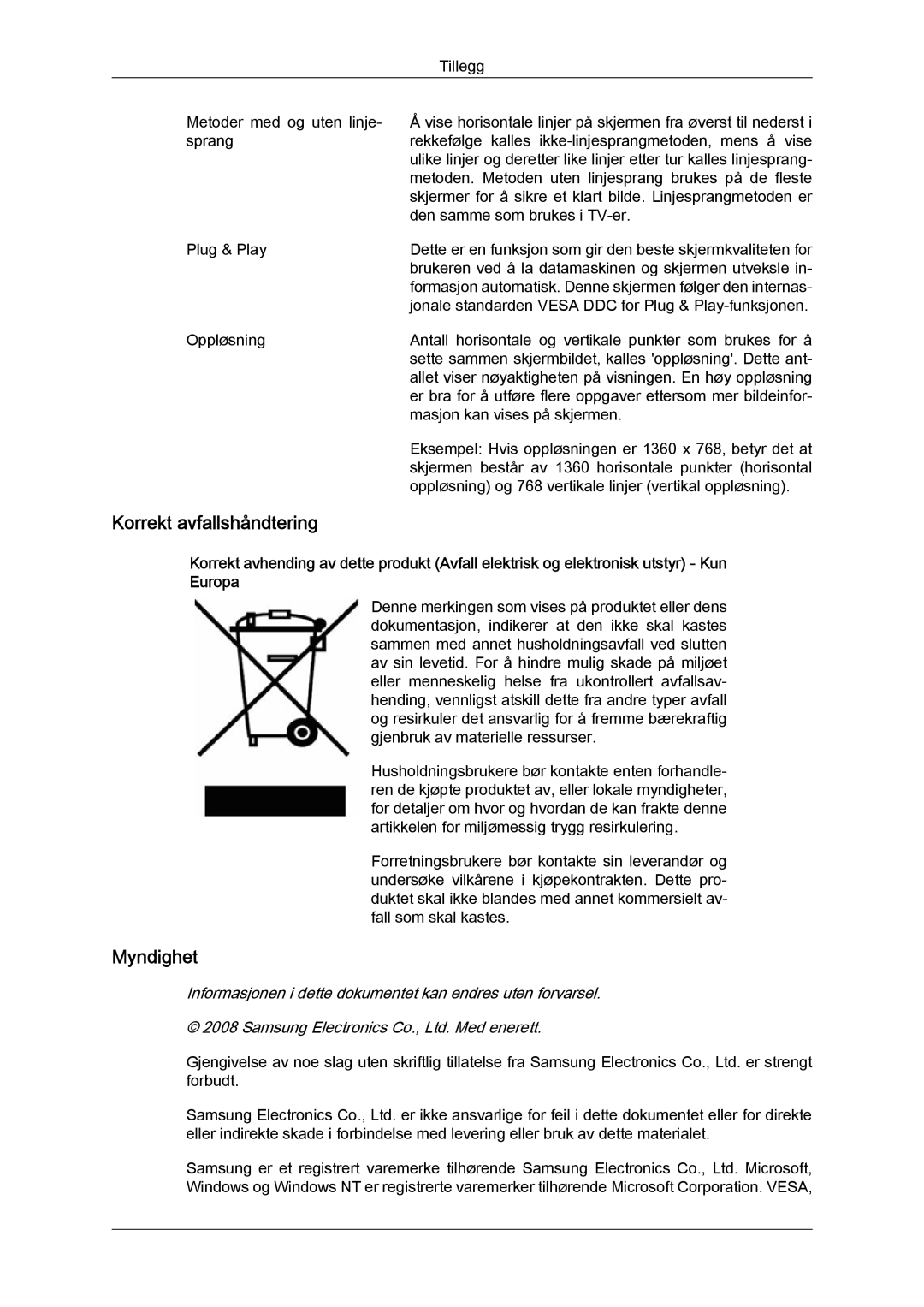 Samsung LS19MYYKBB/EDC, LS20MYYKBB/EDC, LS22MYYKBB/EDC manual Korrekt avfallshåndtering, Myndighet 