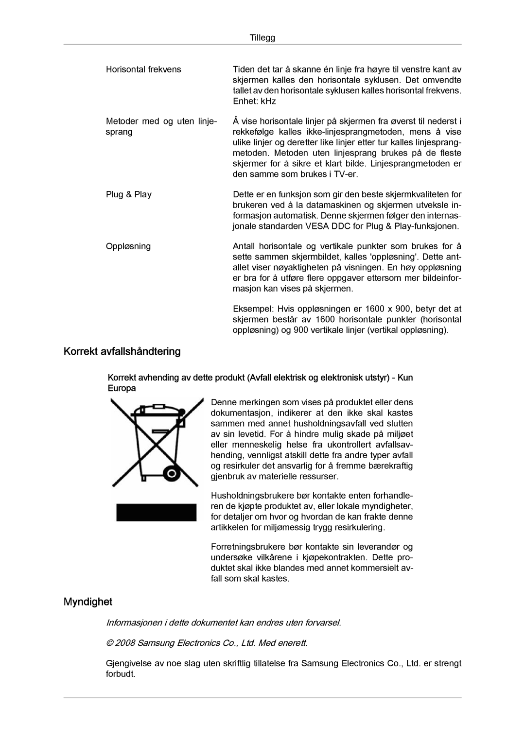 Samsung LS20MYYKBB/EDC, LS22MYYKBB/EDC, LS19MYYKBB/EDC manual Korrekt avfallshåndtering 