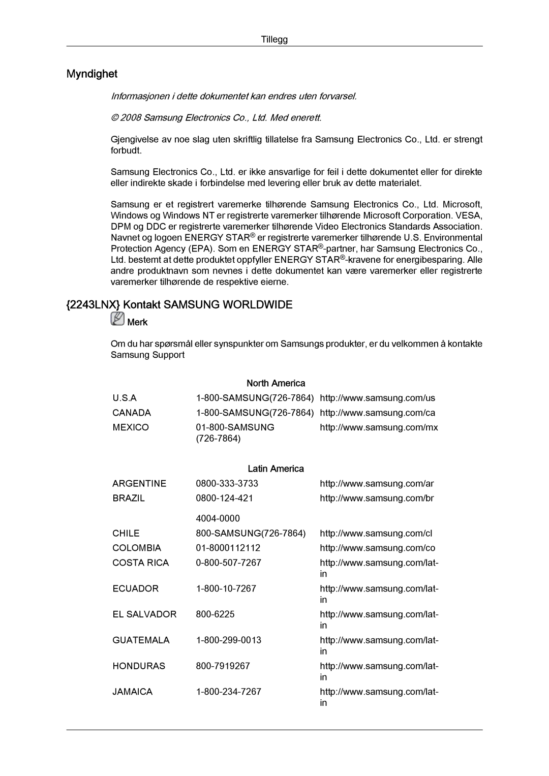 Samsung LS19MYYKBB/EDC, LS20MYYKBB/EDC, LS22MYYKBB/EDC manual Myndighet, 2243LNX Kontakt Samsung Worldwide 