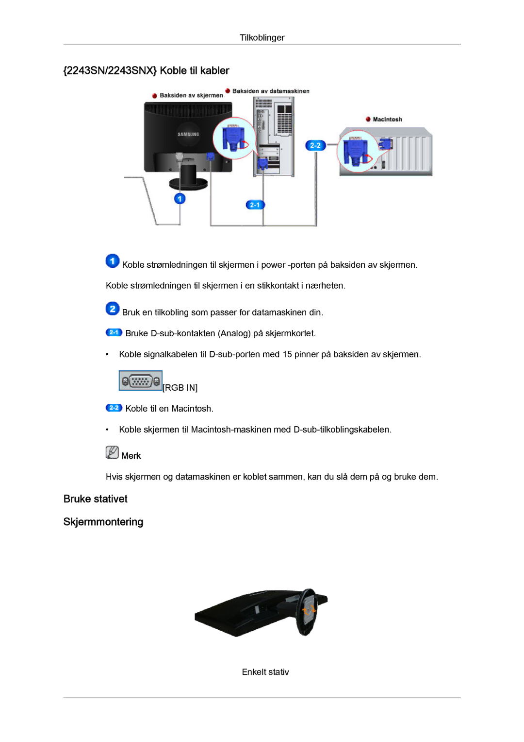 Samsung LS22MYYKBB/EDC, LS20MYYKBB/EDC, LS19MYYKBB/EDC manual 2243SN/2243SNX Koble til kabler 