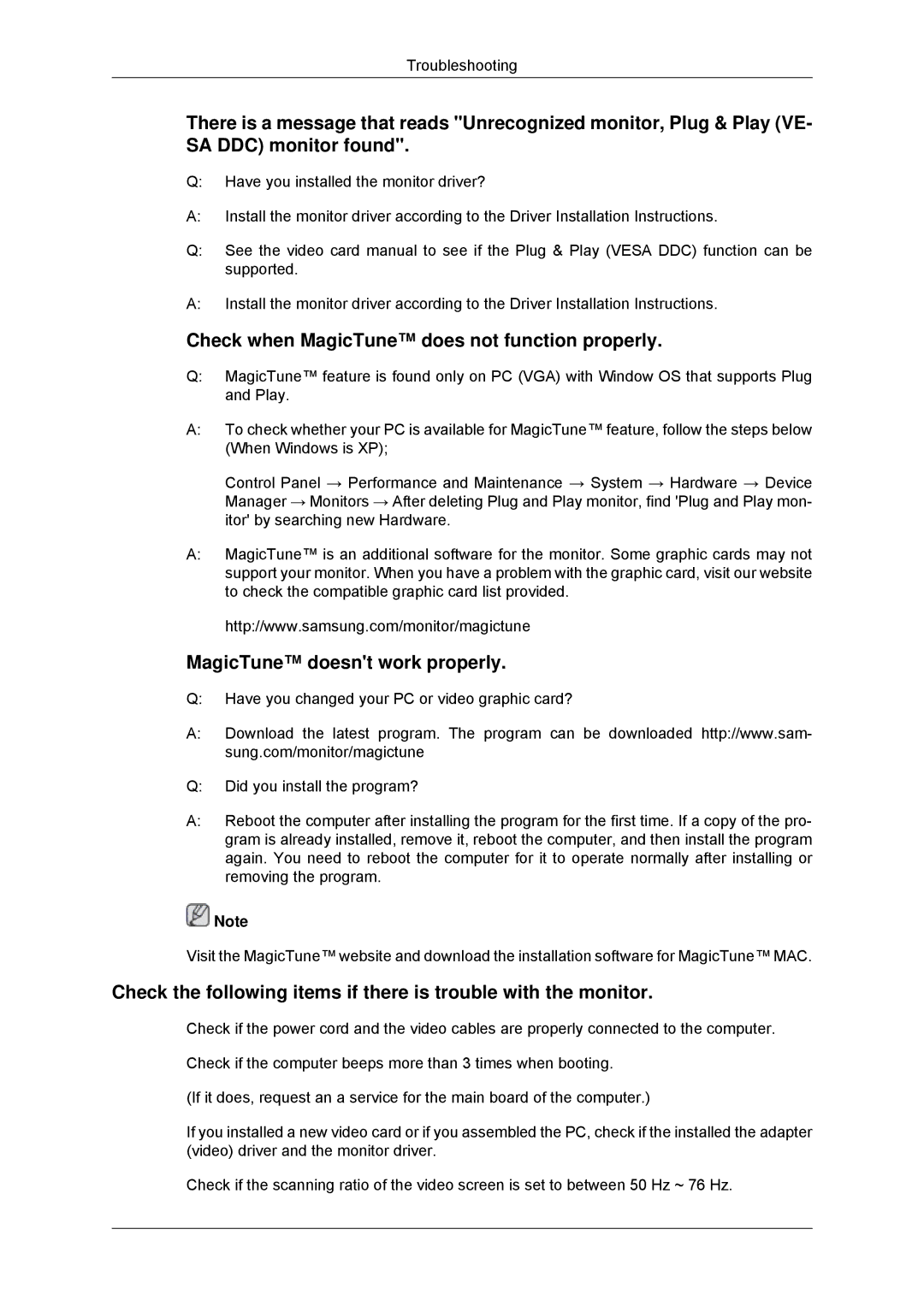 Samsung LS20MYYKBB/EDC, LS22MYYKBB/EDC, LS22MYLKF/EDC, LS19MYYKBBA/EN manual Check when MagicTune does not function properly 