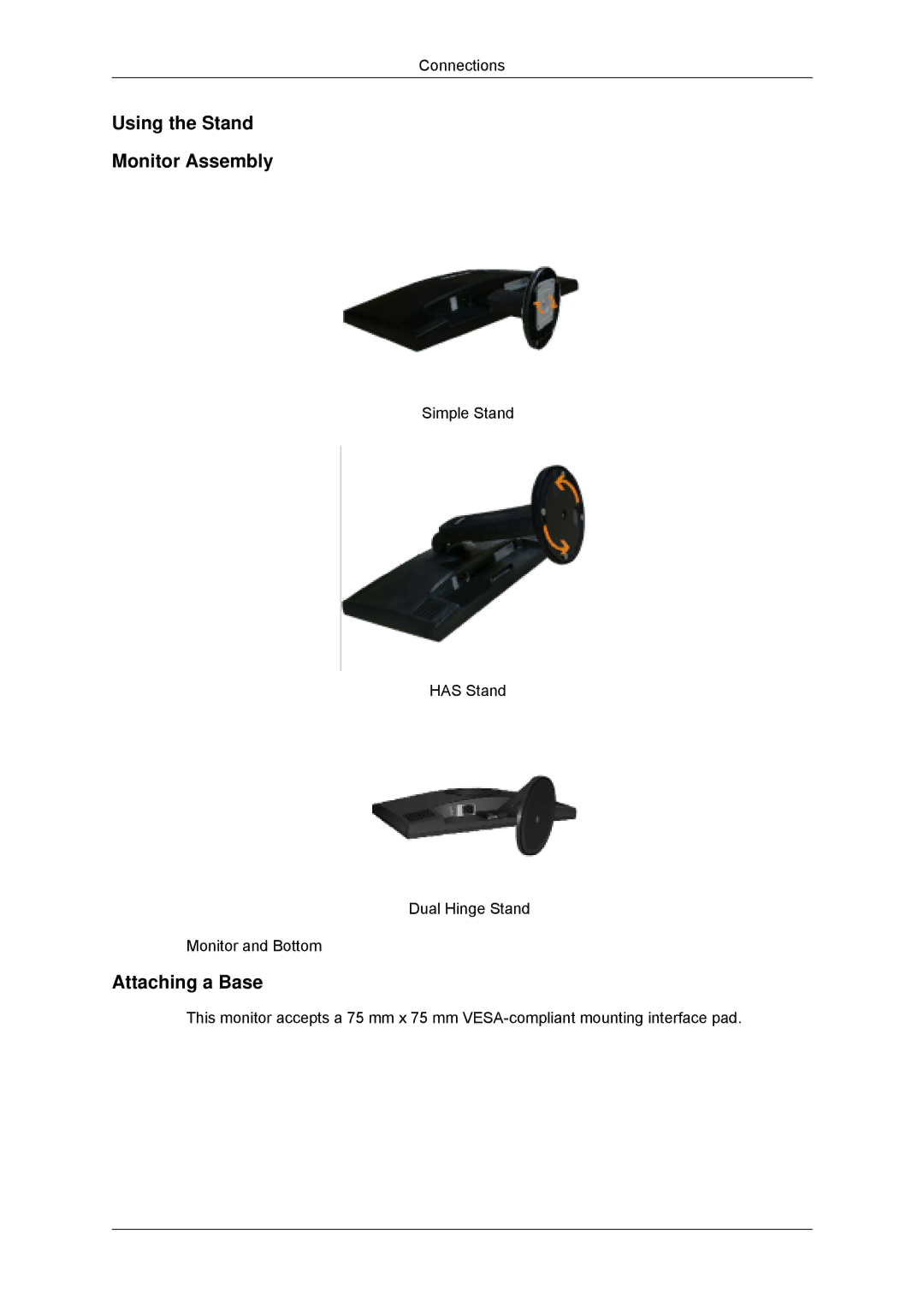 Samsung LS19MYYKSB/CI, LS20MYYKBB/EDC, LS22MYYKBB/EDC manual Simple Stand Has Stand Dual Hinge Stand Monitor and Bottom 