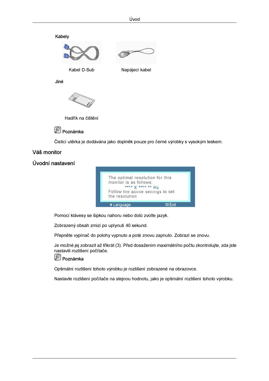 Samsung LS20MYYKBBA/EN, LS20MYYKBB/EDC, LS22MYYKBB/EDC, LS22MYLKF/EDC, LS19MYYKBBA/EN manual Váš monitor Úvodní nastavení 