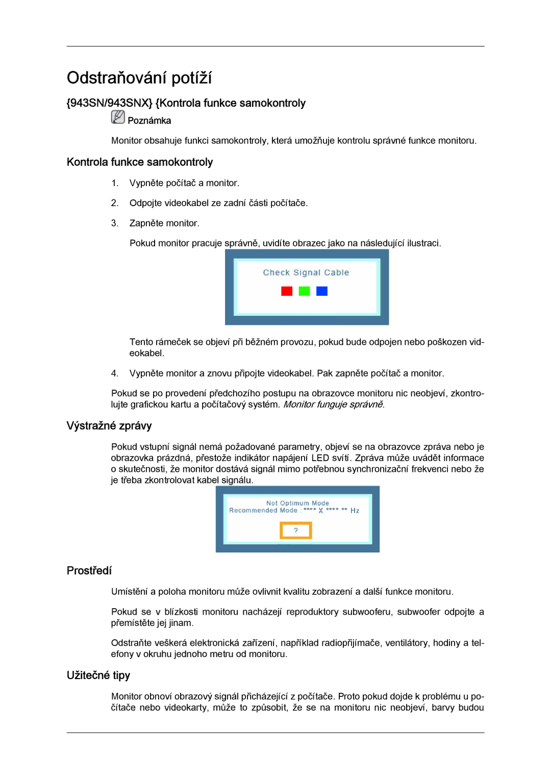 Samsung LS19MYYKBB/EDC manual 943SN/943SNX Kontrola funkce samokontroly, Výstražné zprávy, Prostředí, Užitečné tipy 