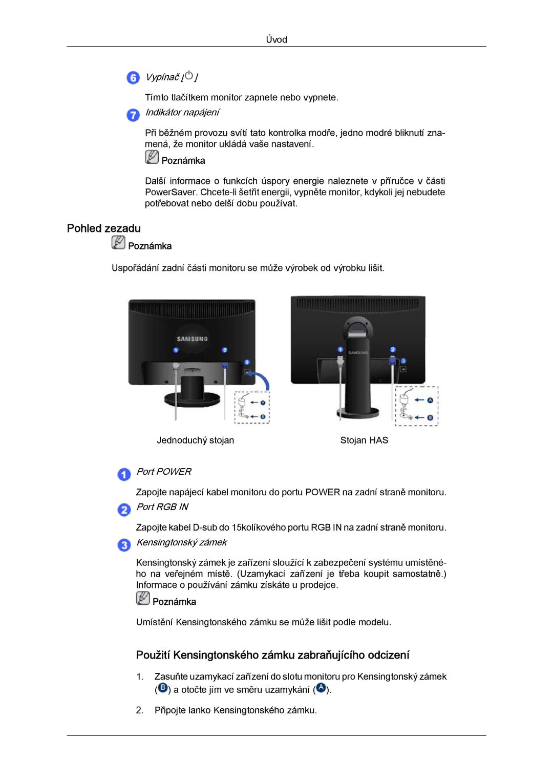 Samsung LS22MYYKBBA/EN, LS20MYYKBB/EDC, LS22MYYKBB/EDC Pohled zezadu, Použití Kensingtonského zámku zabraňujícího odcizení 