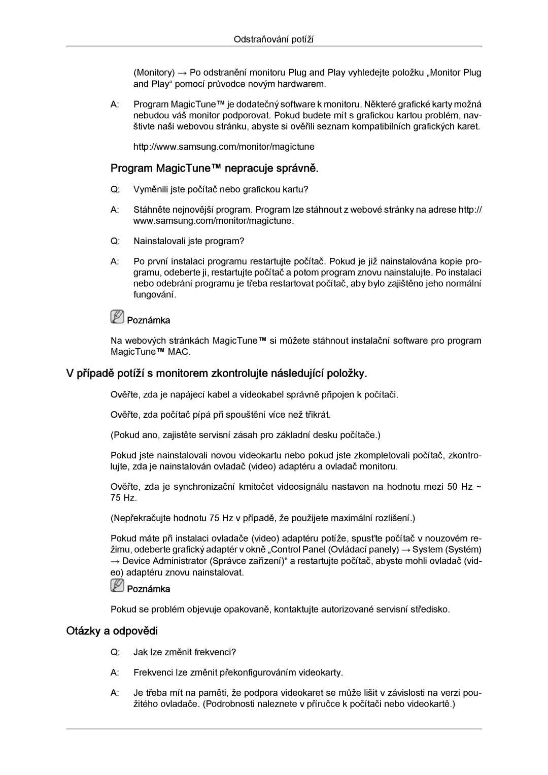 Samsung LS22MYYKBBA/EN, LS20MYYKBB/EDC, LS22MYYKBB/EDC, LS22MYLKF/EDC, LS19MYYKBBA/EN Program MagicTune nepracuje správně 