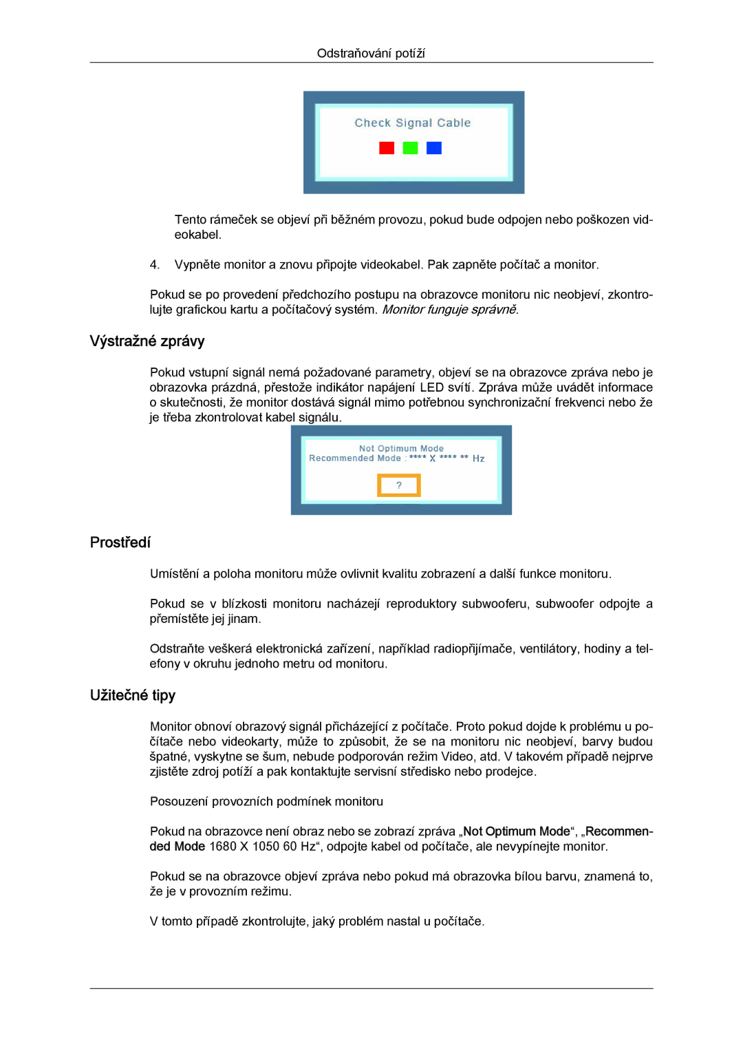 Samsung LS22MYYKBB/EDC, LS20MYYKBB/EDC, LS22MYLKF/EDC, LS19MYYKBBA/EN, LS20MYYKBBA/EN, LS19MYYKBB/EDC manual Výstražné zprávy 