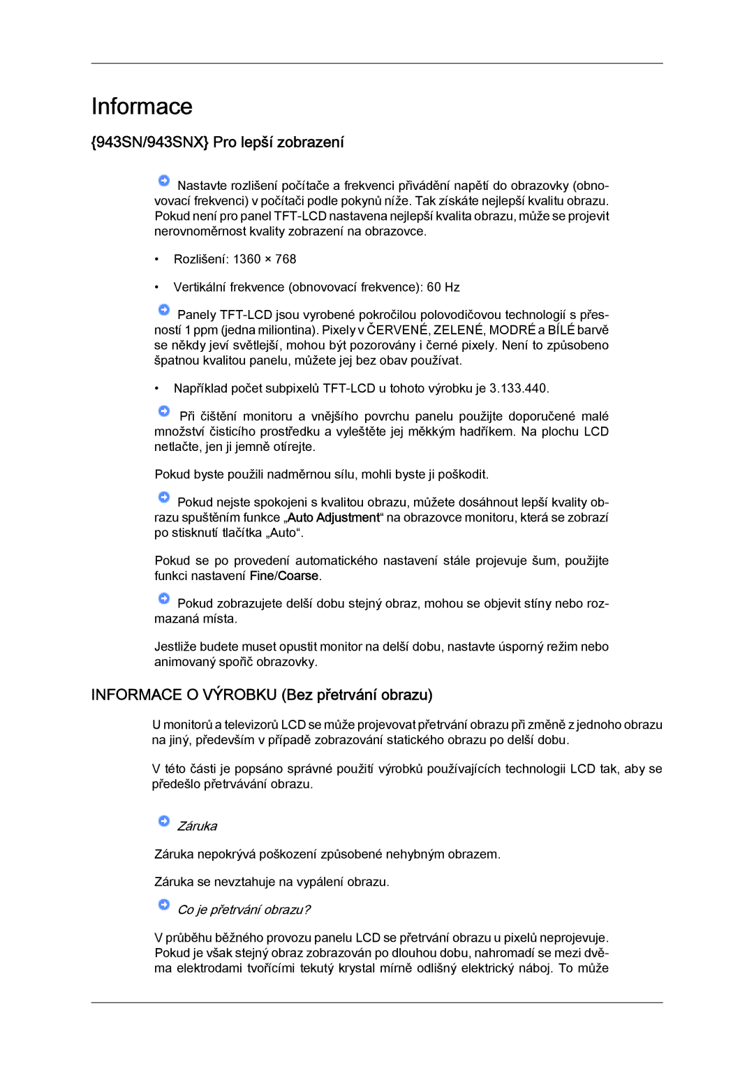 Samsung LS22MYLKF/EDC, LS20MYYKBB/EDC manual 943SN/943SNX Pro lepší zobrazení, Informace O Výrobku Bez přetrvání obrazu 