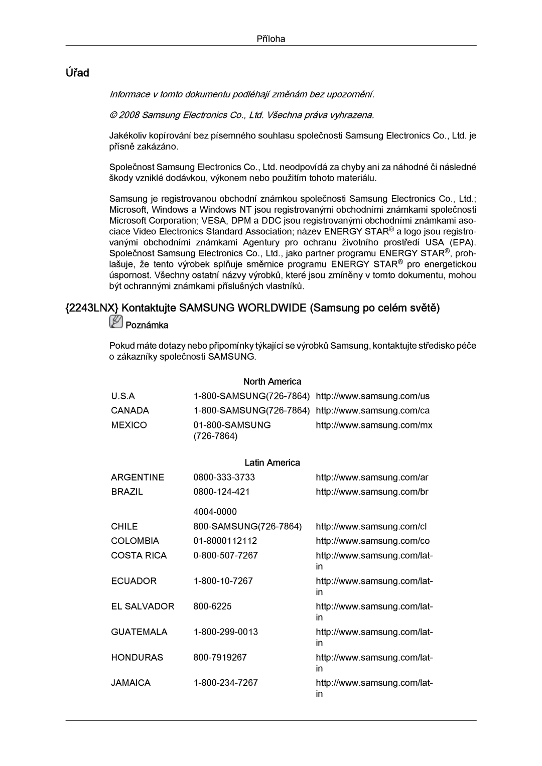 Samsung LS22MYLKF/EDC, LS20MYYKBB/EDC, LS22MYYKBB/EDC manual 2243LNX Kontaktujte Samsung Worldwide Samsung po celém světě 