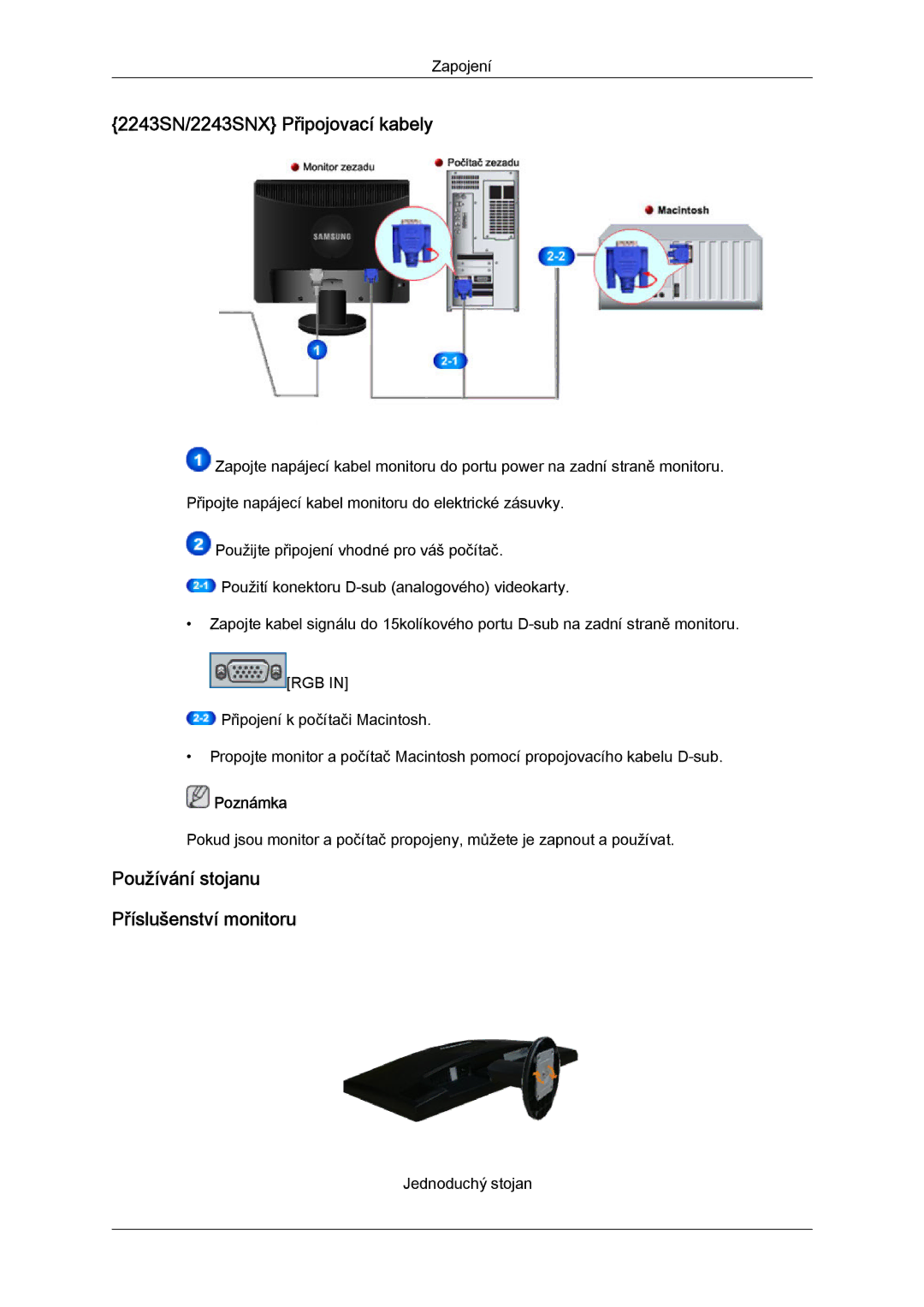 Samsung LS19MYYKBBA/EN, LS20MYYKBB/EDC, LS22MYYKBB/EDC, LS22MYLKF/EDC, LS20MYYKBBA/EN manual 2243SN/2243SNX Připojovací kabely 