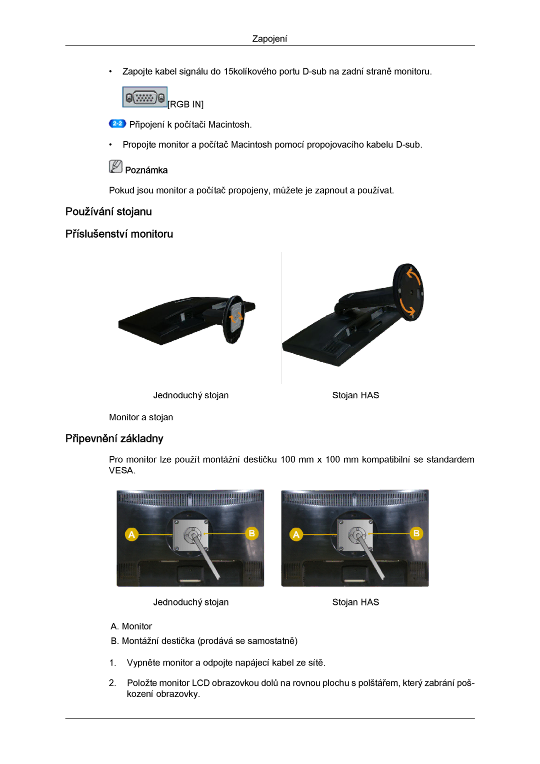 Samsung LS22MYYKBBA/EN, LS20MYYKBB/EDC, LS22MYYKBB/EDC, LS22MYLKF/EDC manual Používání stojanu Příslušenství monitoru 