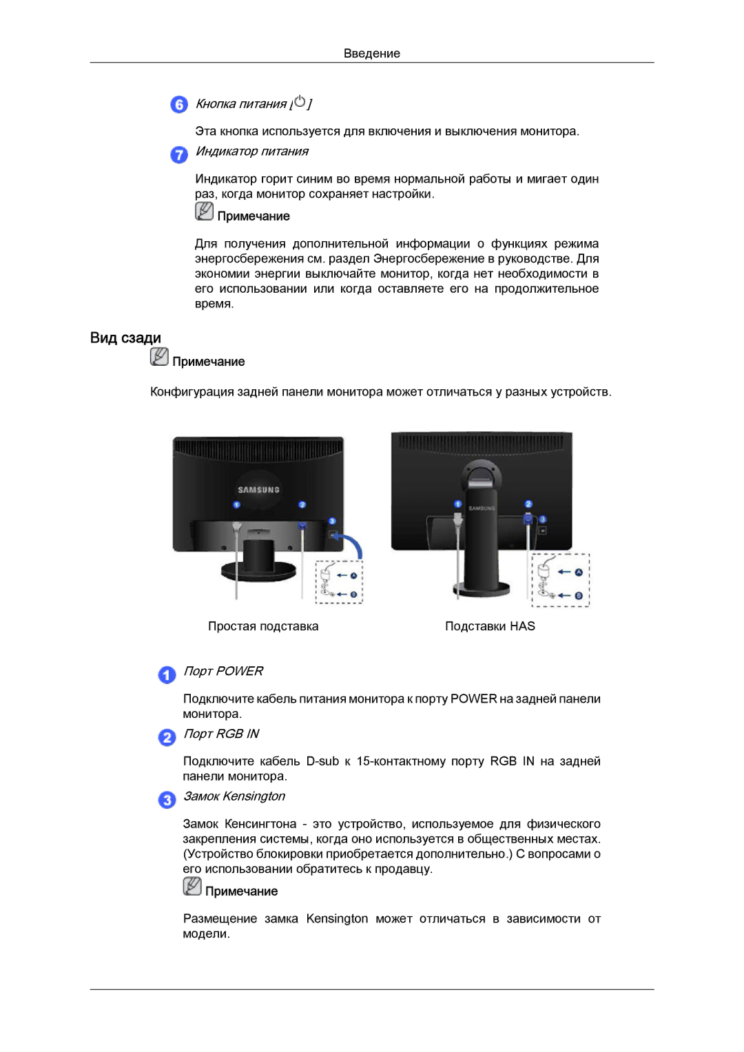 Samsung LS20MYYKBBA/EN, LS20MYYKBB/EDC, LS22MYYKBB/EDC, LS22MYLKF/EDC, LS19MYYKBBA/EN manual Вид сзади, Индикатор питания 