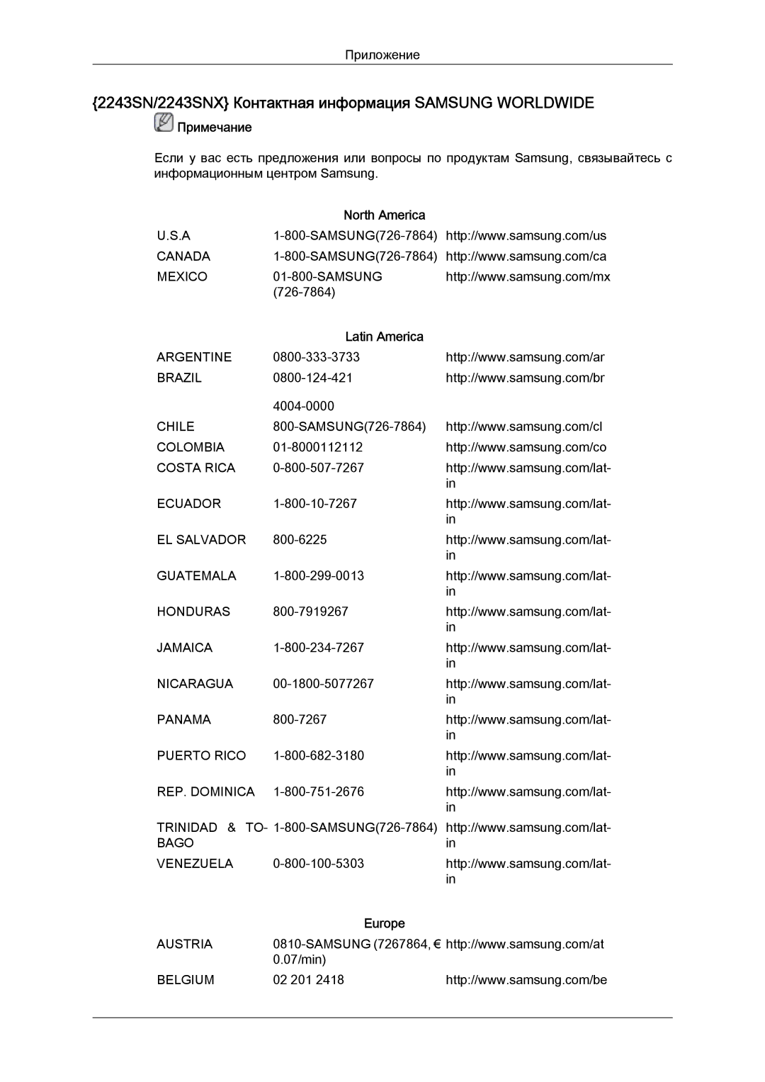 Samsung LS20MYYKBB/EDC, LS22MYYKBB/EDC, LS22MYLKF/EDC, LS19MYYKBBA/EN 2243SN/2243SNX Контактная информация Samsung Worldwide 