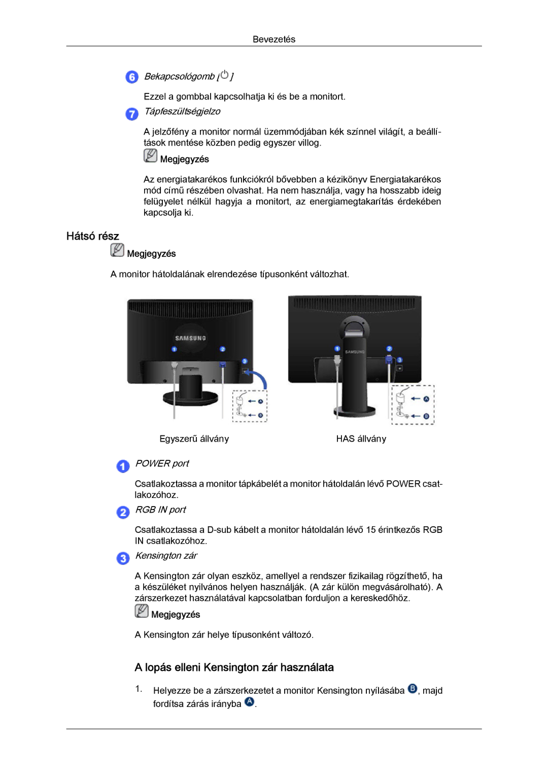 Samsung LS19MYYKBB/EDC, LS20MYYKBB/EDC, LS22MYYKBB/EDC, LS22MYLKF/EDC Hátsó rész, Lopás elleni Kensington zár használata 