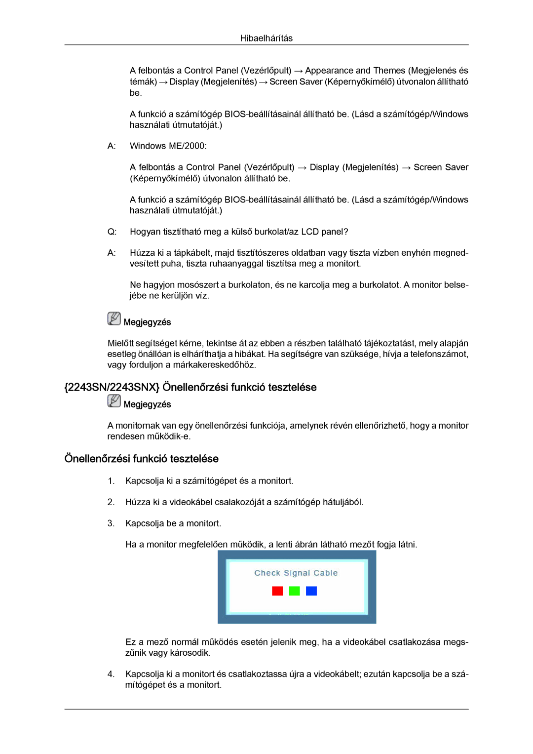 Samsung LS22MYLKFZ/EDC, LS20MYYKBB/EDC, LS22MYYKBB/EDC, LS22MYLKF/EDC manual 2243SN/2243SNX Önellenőrzési funkció tesztelése 