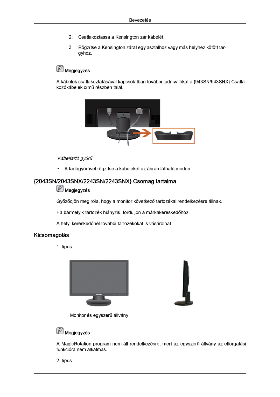 Samsung LS22MYYKBBA/EN, LS20MYYKBB/EDC, LS22MYYKBB/EDC manual 2043SN/2043SNX/2243SN/2243SNX Csomag tartalma, Kicsomagolás 