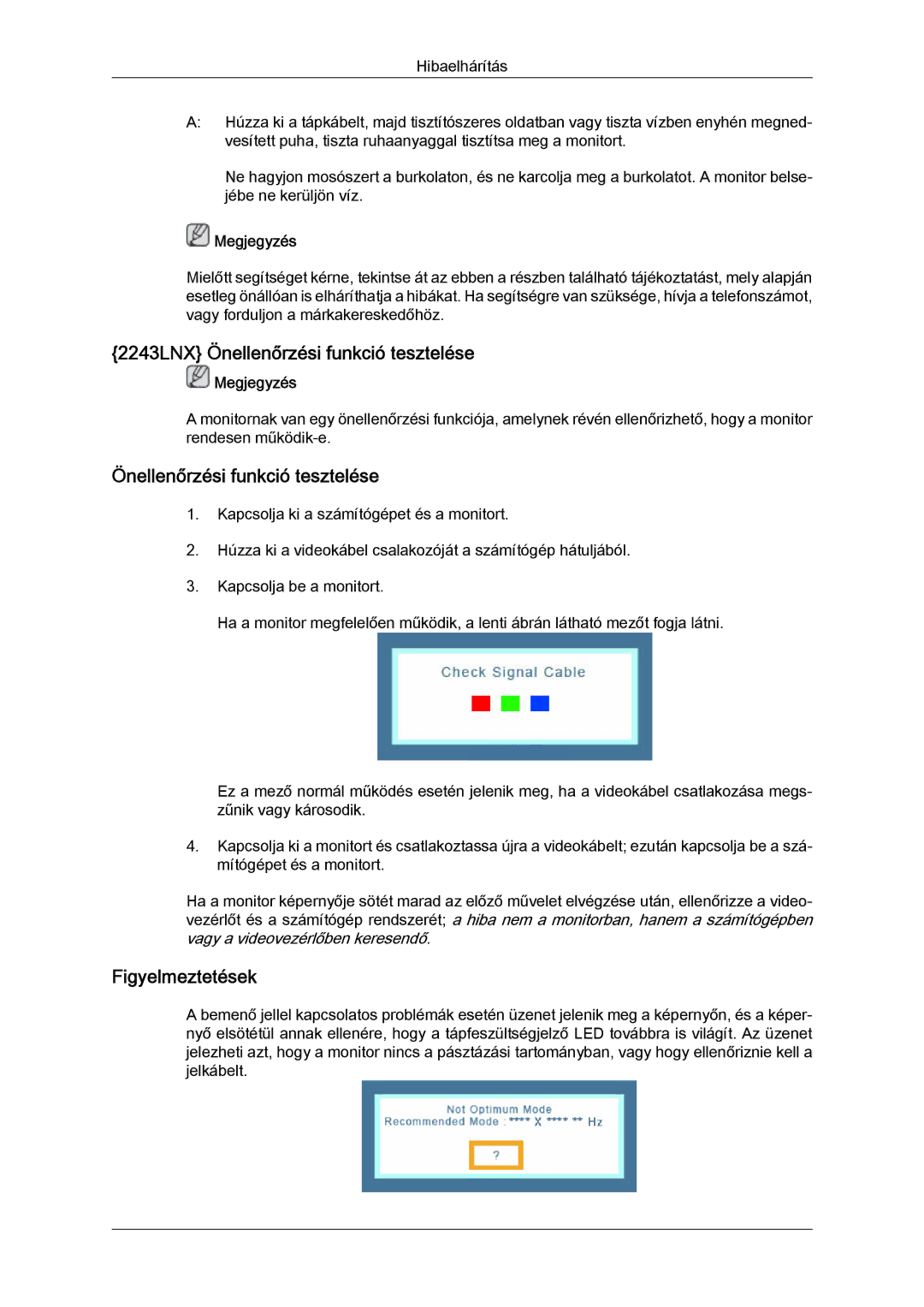 Samsung LS19MYYKBB/EDC, LS20MYYKBB/EDC, LS22MYYKBB/EDC, LS22MYLKF/EDC manual 2243LNX Önellenőrzési funkció tesztelése 