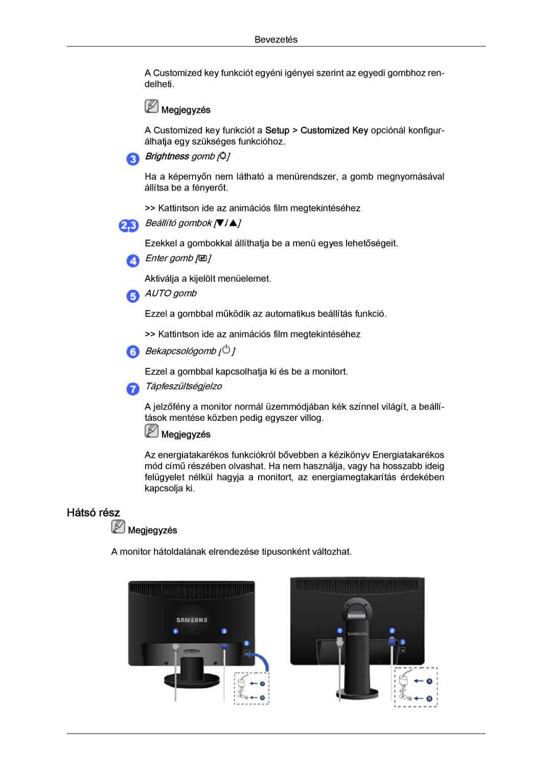 Samsung LS22MYYKBB/EDC, LS20MYYKBB/EDC, LS22MYLKF/EDC, LS19MYYKBBA/EN Monitor hátoldalának elrendezése típusonként változhat 