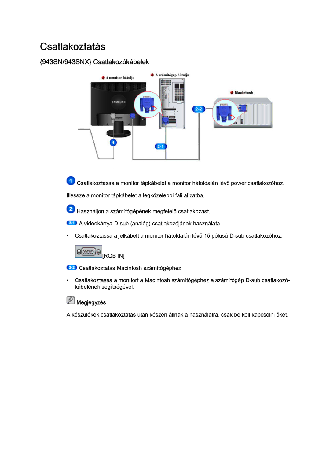 Samsung LS19MYYKBBA/EN, LS20MYYKBB/EDC, LS22MYYKBB/EDC, LS22MYLKF/EDC manual Csatlakoztatás, 943SN/943SNX Csatlakozókábelek 