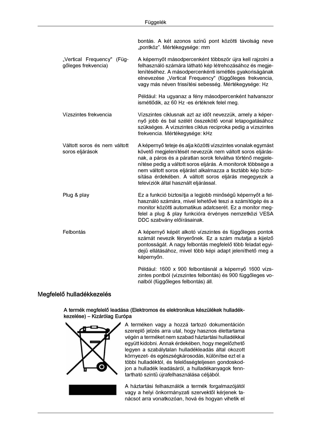 Samsung LS22MYYKBB/EDC, LS20MYYKBB/EDC, LS22MYLKF/EDC, LS19MYYKBBA/EN, LS20MYYKBBA/EN manual Megfelelő hulladékkezelés 