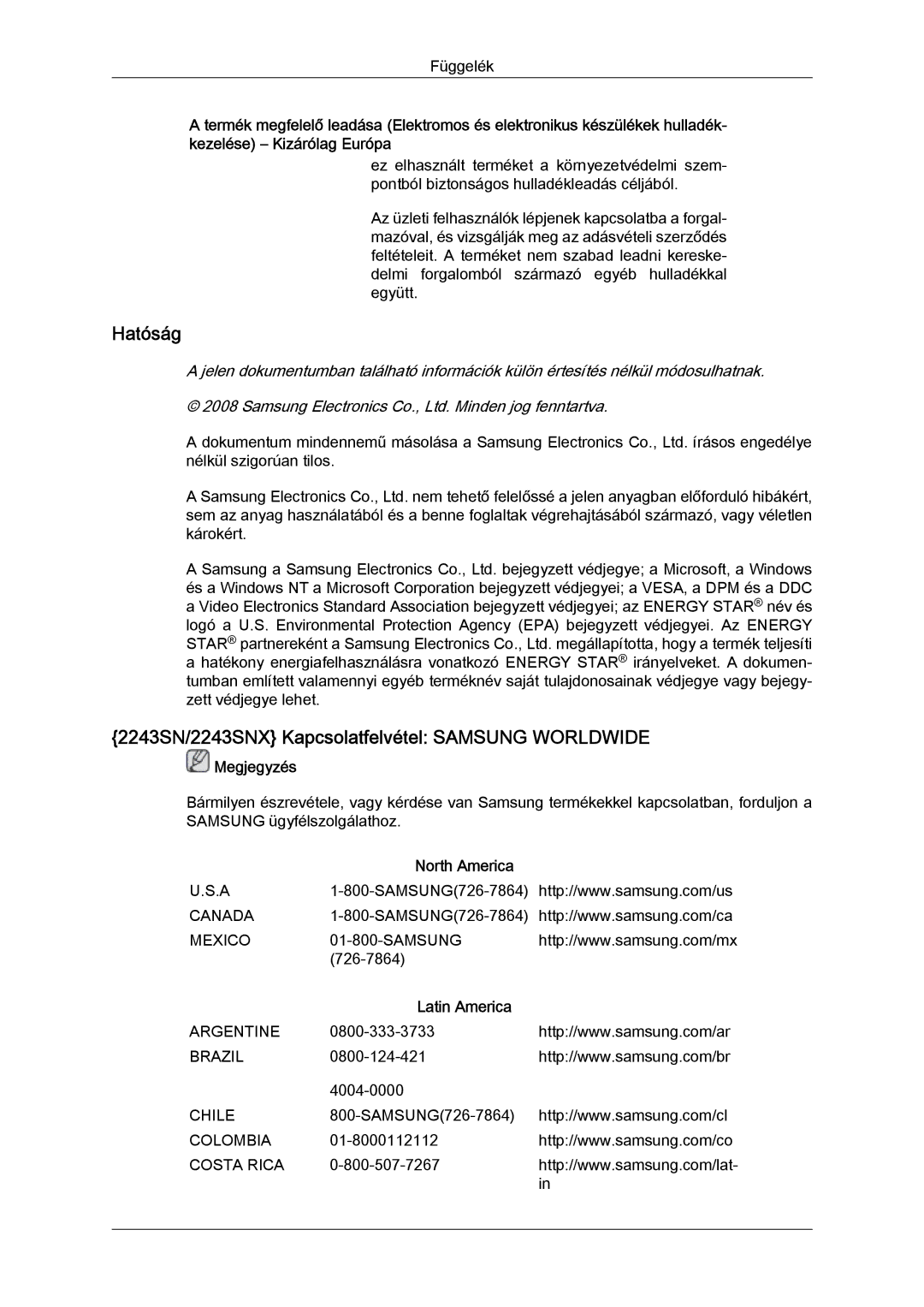 Samsung LS22MYLKF/EDC, LS20MYYKBB/EDC, LS22MYYKBB/EDC manual Hatóság, 2243SN/2243SNX Kapcsolatfelvétel Samsung Worldwide 