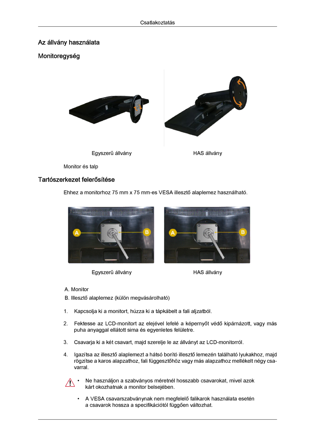 Samsung LS20MYYKBBA/EN, LS20MYYKBB/EDC, LS22MYYKBB/EDC Az állvány használata Monitoregység, Tartószerkezet felerősítése 