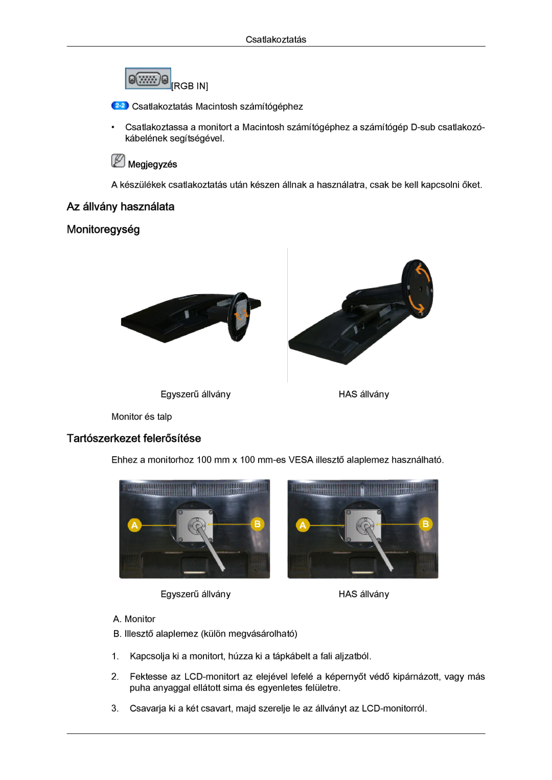 Samsung LS19MYYKBBA/EN, LS20MYYKBB/EDC, LS22MYYKBB/EDC, LS22MYLKF/EDC, LS20MYYKBBA/EN Az állvány használata Monitoregység 