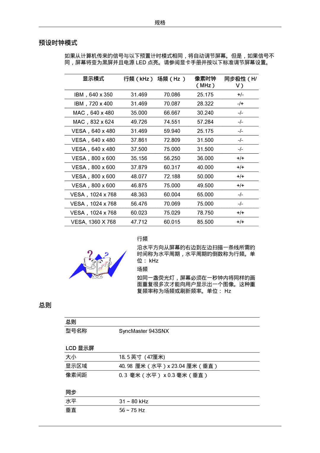 Samsung LS22MYLKF/EDC, LS20MYYKBB/EDC, LS22MYYKBB/EDC, LS19MYYKBBA/EN, LS20MYYKBBA/EN, LS19MYYKBB/EDC manual 预设时钟模式, 同步极性（ H 