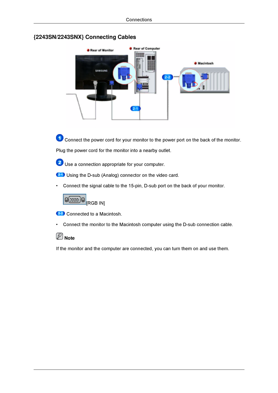 Samsung LS22MYLKFZ/EDC, LS20MYYKBB/EDC, LS22MYYKBB/EDC, LS22MYLKF/EDC, LS20MYYKBBA/EN manual 2243SN/2243SNX Connecting Cables 