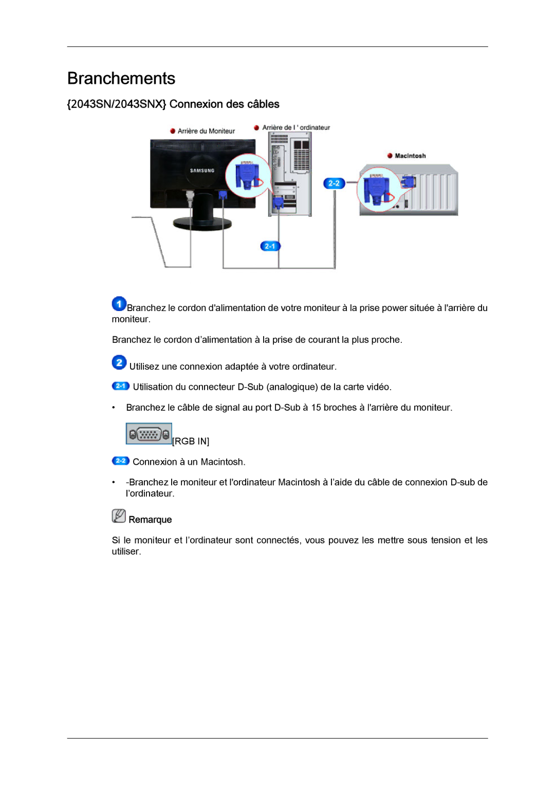 Samsung LS22MYLKF/EDC, LS20MYYKBB/EDC, LS22MYYKBB/EDC, LS20MYYKBBA/EN manual Branchements, 2043SN/2043SNX Connexion des câbles 